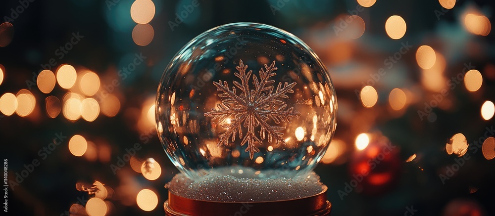 Poster christmas snow globe showcasing a delicate snowflake design with a backdrop of shimmering bokeh ligh