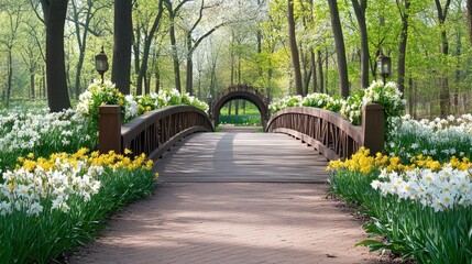 Obraz premium Serene Spring Bridge Surrounded by Colorful Flowers in the Park