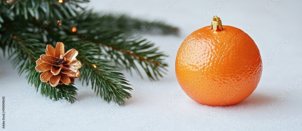 Poster christmas decoration featuring a tangerine and pine branch with a pinecone on a snowy surface creati