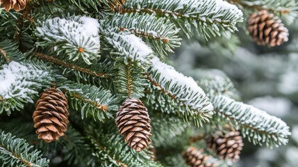 Snow-covered fir tree with cones in a winter landscape highlighting nature's beauty and serene mountain atmosphere