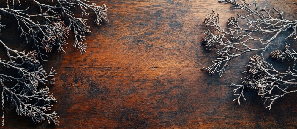 Poster rustic christmas backdrop with frost-covered branches on a wooden surface perfect for greeting cards