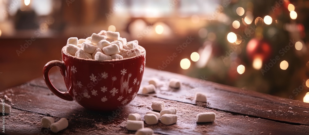 Poster cozy christmas cocoa with marshmallows in a red mug on rustic table with festive background bokeh li