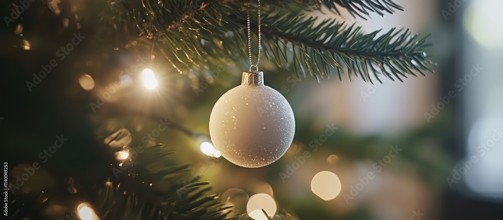 Poster closeup of a white bauble on a christmas tree with bokeh lights creating a festive holiday backgroun