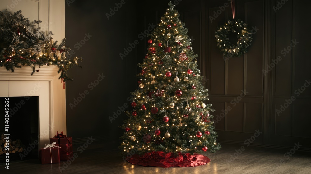 Poster elegant christmas tree adorned with lights and ornaments set against a dark background creating a wa