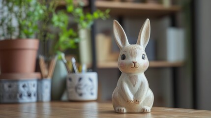 Ceramic bunny figurine sits on wooden table, blurred background.
