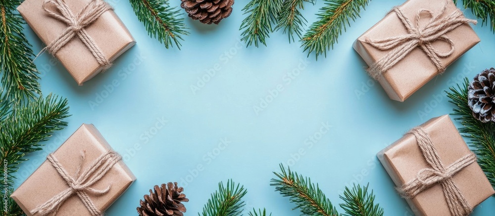 Poster christmas gift boxes and pine cones arranged on a blue background with space for text creating a fes