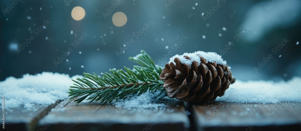 Poster pine cone and green branch with snow on wooden table creating a serene christmas scene with ample co