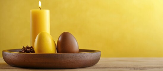 Chocolate Easter eggs and yellow candles on wooden plate with yellow background perfect for greeting card or invitation design