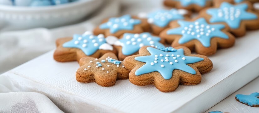 Homemade gingerbread cookies decorated with blue icing arranged on a rustic white wooden board for a festive holiday treat - Powered by Adobe