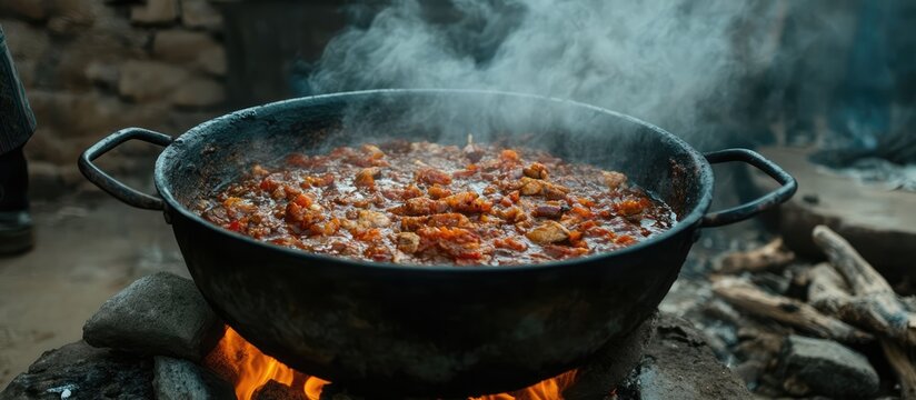 Cooking traditional sumalak in a large cauldron over an open fire surrounded by nature and showcasing the rich cultural heritage of the region