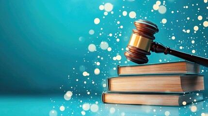 Wooden gavel on books with sparkling bokeh effect reflected on blue background Copyright Law Day
