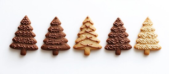 Fototapeta premium Christmas tree shaped cookies arranged on white background perfect for holiday baking and festive celebrations