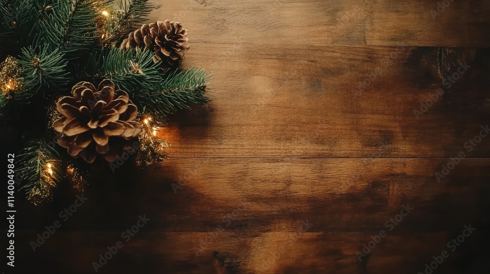 Poster festive wooden backdrop with decorative fir tree branches and pine cones creating an inviting holida
