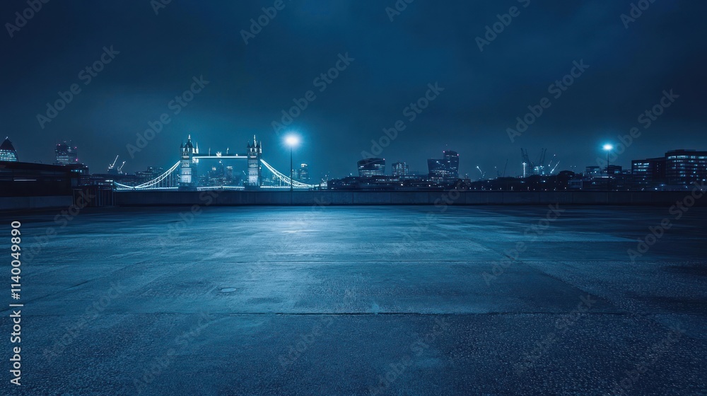 Poster A nighttime view of a cityscape with a bridge illuminated against a dark sky.