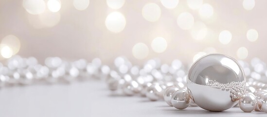 Obraz premium Elegant Christmas decorations with silver ball and pearls on a soft light background ideal for seasonal greeting cards or festive promotions