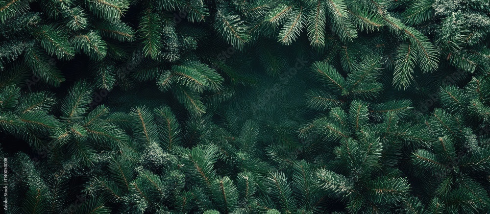 Poster christmas tree branches backdrop with overhead perspective featuring green foliage and ample blank s