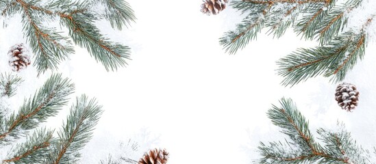 Christmas pine branch frame on white background with pinecones for a festive seasonal design or greeting card decoration.