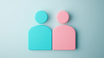 Iconic representation of two stylized figures, one in teal and the other in pink, set against a soft blue background, symbolizing connection and diversity.