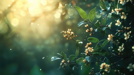 Clove tree branches with delicate flowers illuminated by soft sunlight in a serene natural setting of soft bokeh and greenery.