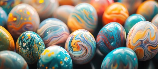 Fototapeta premium Colorful Easter eggs arranged in a vibrant background showcasing intricate designs and patterns perfect for spring holiday celebrations.
