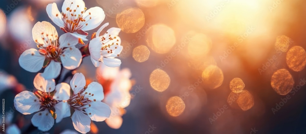 Poster delicate cherry blossoms glowing in warm sunlight with bokeh effect creating a serene and enchanting
