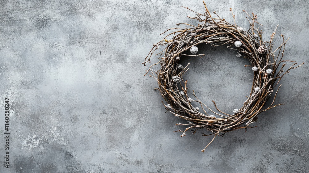 Poster natural twigs christmas wreath with decorative elements on a textured gray background in a square cl