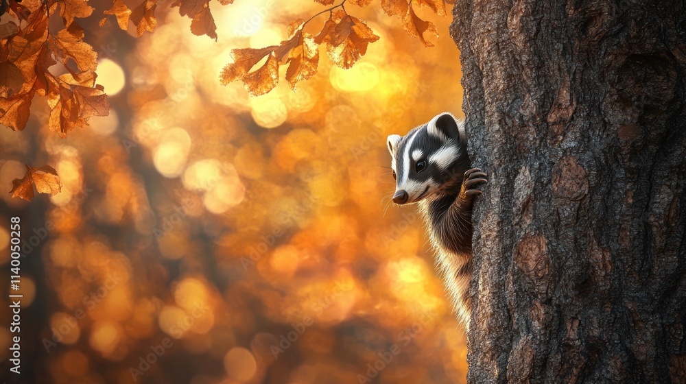 Poster a raccoon peeks from behind a tree in a vibrant autumn setting.