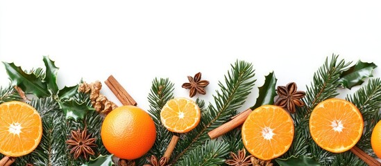 Christmas border design with fir branches, tangerines, and aromatic spices for festive decorations and holiday themes