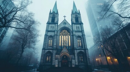 Historic church in a foggy urban setting showcasing Gothic architecture and towering spires amidst a modern city backdrop.