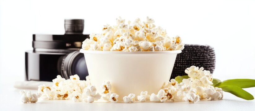 Clapperboard and popcorn on a white surface symbolizing movie night entertainment and film production creativity
