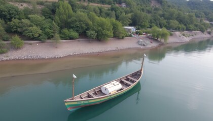 Colorful Wooden Boat Moored on Calm Lake near Wooded Shoreline