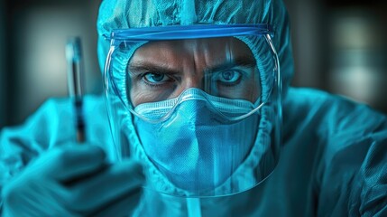 Focused caucasian man in medical protective gear with syringe