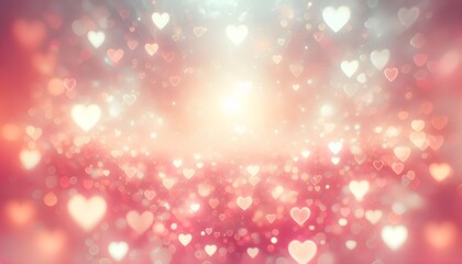 Festive background with flying hearts, bokeh lights, glitter effect in halftones