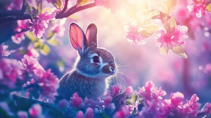 Fototapeta premium Adorable bunny among vibrant pink blossoms in sunlit garden