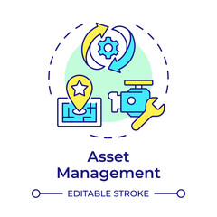 Asset management multi color concept icon. Tracking, maintenance. Core feature of FMS. Field service management. Round shape line illustration. Abstract idea. Graphic design. Easy to use in article