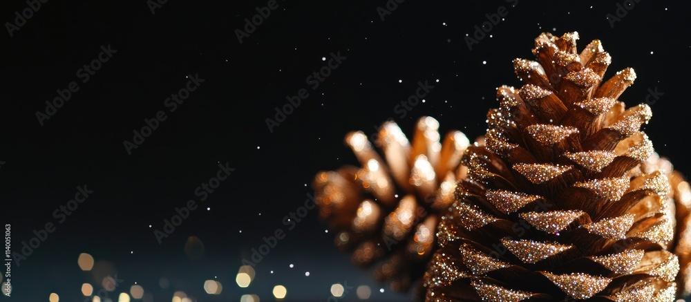 Poster pinecones with shimmering sparkles on a dark background creating a festive and magical atmosphere fo