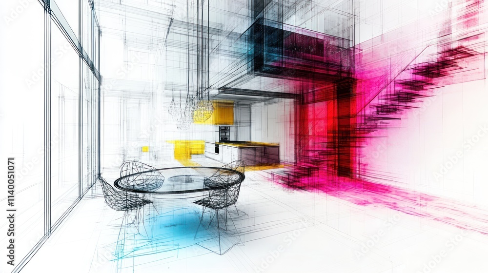 Aufkleber a stylized architectural rendering of a modern interior space with a dining area and stairs.