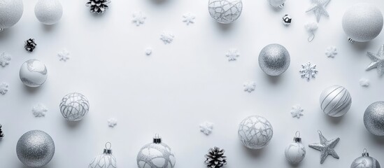 Elegant white and silver Christmas ornaments scattered on a soft white background creating a festive and serene holiday atmosphere