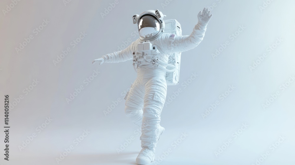 Poster a stylized astronaut in a white suit appears to be floating or dancing in a minimalist space.
