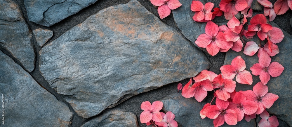 Aufkleber flowers delicately arranged on a textured stone surface creating a serene top view composition ideal
