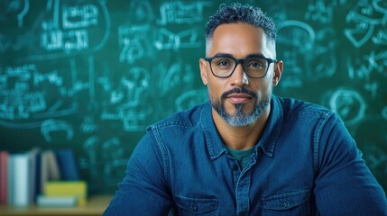 Confident mature african man in glasses poses against chalkboard background