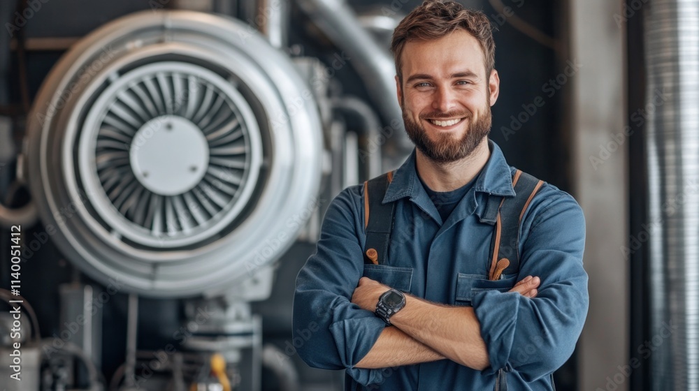 Poster smiling technician in work attire stands confidently in an industrial setting.