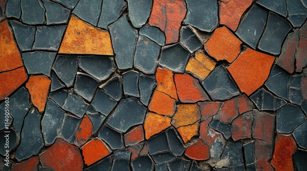 Poster textured abstract mosaic pattern featuring cracked tiles in shades of blue and orange creating a vis