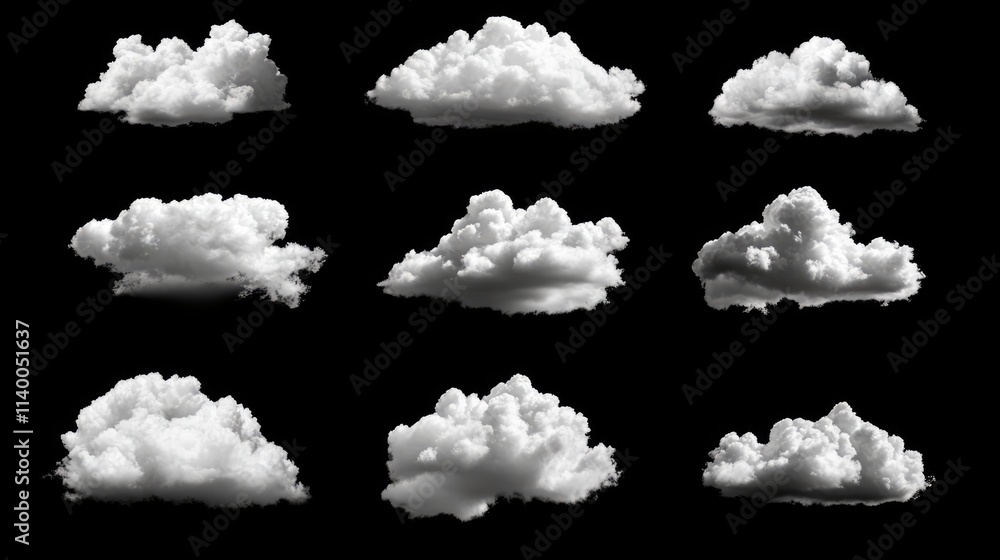 Poster black and white clouds collection on a black background perfect for texture design and artistic proj
