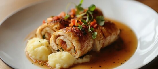 Chicken rolls elegantly arranged with creamy potato dumplings and garnished with fresh herbs on a white plate.
