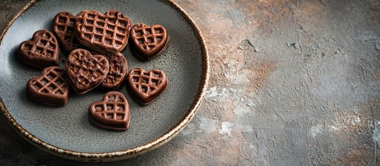 Heart-shaped chocolate waffles arranged on a ceramic plate over a textured background for a cozy still life presentation.