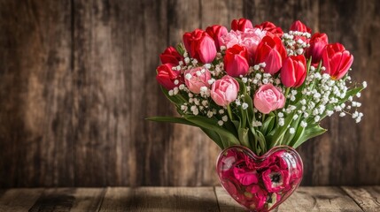 Fototapeta premium Romantic Floral Arrangement in Heart-Shaped Vase for Valentine’s Day