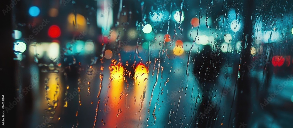 Poster vibrant reflections of color and light on wet glass in a rainy urban setting creating a moody and at