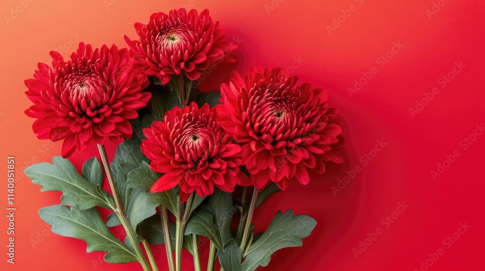 Aufkleber chrysanthemum flowers in vibrant red on a gradient background with ample copy space for minimalistic