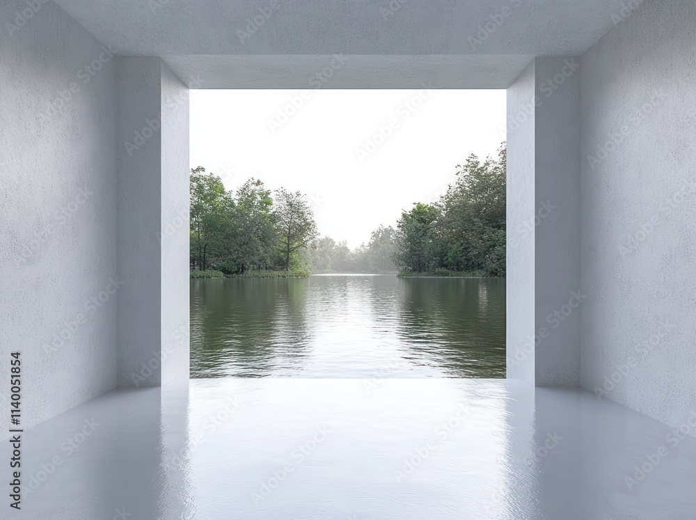Poster a serene view of a lake framed by a minimalist architectural space.